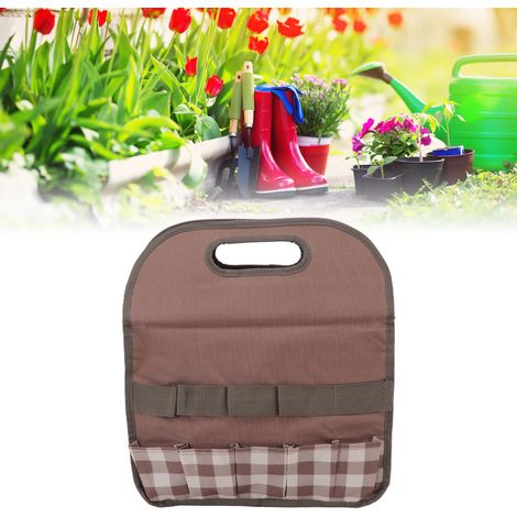 Sac de rangement pour outils de jardin grande capacité, contenant des outils en carton PE, couleur café et tissu à carreaux (1/5)