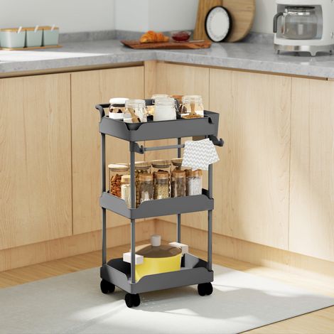 Chariot utilitaire à 3 niveaux, chariot de cuisine avec paniers amovibles et porte-serviettes, gris