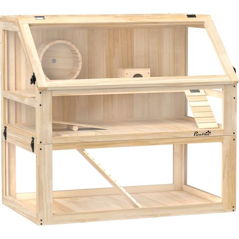 Cage hamster 3 étages fond démontable 31cm, cabane balançoire 80x50x76cm, bois naturel (1/5)