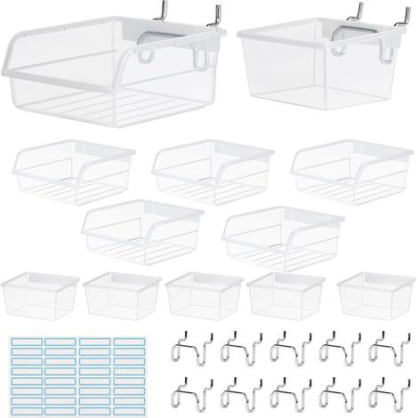 12 x Crochet Panneau Perforé Mural, Boite Transparent Rangement Atelier Bricolage avec 36 Adhésives Papier Étiquette pour Garage, Jardin, Boutique (1/5)