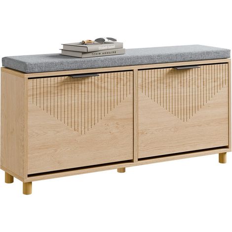 Narrow Shoe Storage Bench, Shoe Rack with Seat, 2 Flip Drawers Shoe Storage Cabinet, Wooden Hallway Bench with Cushion for Small Spaces (1/5)