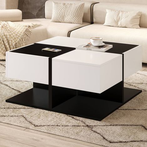 Table basse carrée 70x70x35, 5 cm noir et blanc avec 2 tiroirs et finition haut-gloss pour salon (1/5)