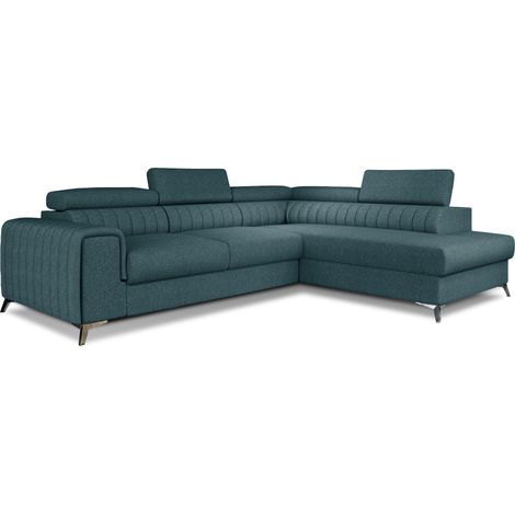 Canapé d'angle convertible tissu appuis-tête réglables LOZA - Coffre et pieds acier chromé angle droit-Vert emeraude-angle droit (1/5)