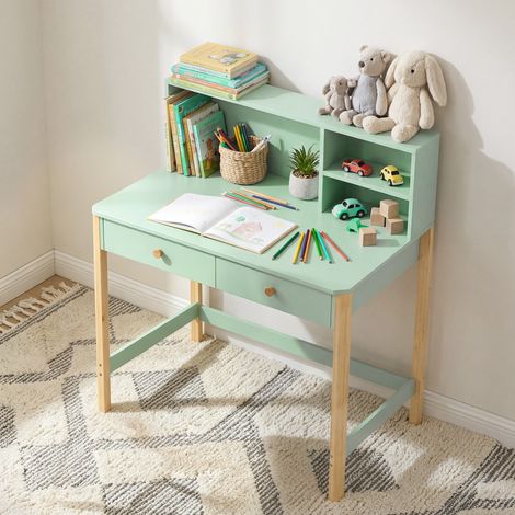 Bureau enfant en bois, bureau avec rangement, 2 tiroirs et 3 compartiments ouverts, plateau large, 90x52x105cm, vert (1/5)