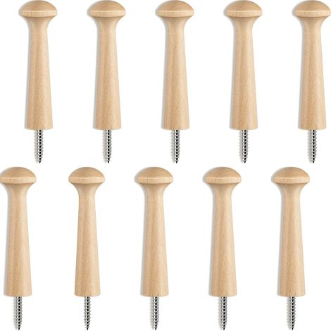 Lot de 10 chevilles en bois brut à visser, 7,4 cm, supports de porte-manteaux pour vêtements, chapeaux, serviettes, DIY peinture, teinte naturelle (1/4)
