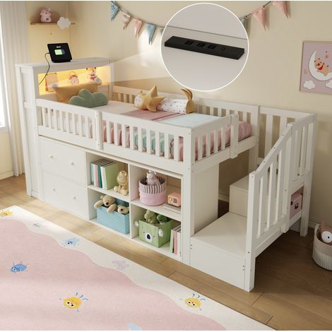 Cama semialta 90x200 cm, con almacenamiento, escalera con armario, iluminación LED, MDF y pino blanco (1/5)
