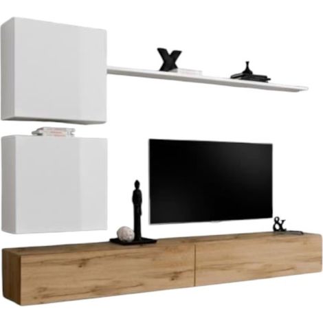 Conjunto de muebles de salón mural SWITCH VIII. Mueble de TV de pared de diseño, color roble Wotan y blanco brillante.