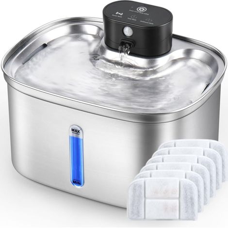 Fuente de agua inalámbrica para mascotas, 5 litros, 3 modos, bomba silenciosa, 6 filtros (acero inoxidable)