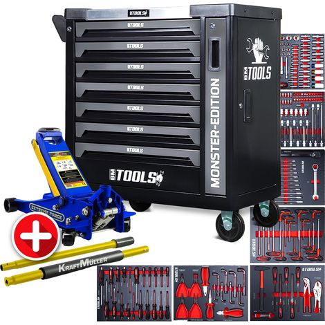 Servante d'atelier BM TOOLS 9/7 MONSTER-EDITION-GREY 7 tiroirs pleins 257 outils + Cric hydraulique Kraft Muller 2,25T Bleu