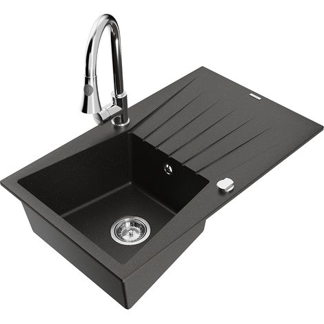 Mexen Cesar fregadero de granito de 1 seno con escurridor y grifo de cocina Elia, negro/oro metálico - 6514-75-670101-00 (1/5)