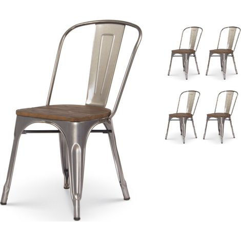 Set di 4 sedie in metallo grezzo con aspetto zincato e seduta in legno scuro - Stile industriale (1/5)
