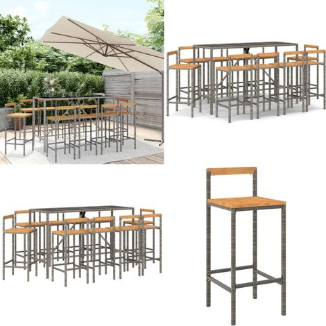 Set Bar Giardino 11pz Grigio Polyrattan e Legno Massello Acacia - Sedie da bar - Tavolo da bar