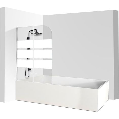 Wolketon Paroi anti-éclaboussures pour baignoire 100 x 140 cm, 2 panneaux pliants, verre sérigraphié à bandes blanches, alu argenté (1/5)