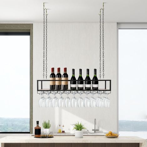 Étagère de plafond - Étagère à vin flottante - 2 couches - Porte-bouteille de vin industriel - Étagère de plafond en métal noir pour bar café cuisine 110 x 25 x 22 cm (1/5)