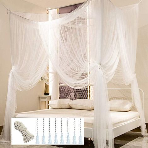 Dessus de lit, rideau à baldaquin, rideau de lit, convient pour lit queen-size, dessus de lit moustiquaire, blanc, 210 × 190 × 240 cm