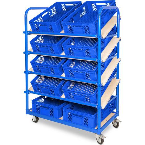 BRB Schrägboden-Regalwagen mit 5 Ebenen, bestückt mit 10 Euroboxen BxTxH 600x400x150 mm, durchbrochen, BxTxH 1050x500x1450 mm (blau)