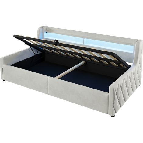 Cama plataforma 90 x 200 cm con almacenamiento hidráulico e iluminación LED, beige (1/5)