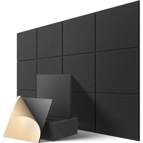 Pannelli acustici, confezione da 12 pezzi, autoadesivi, ad alta densità, 30x30 cm, neri, adatti per studi di registrazione, uffici e home theater. (1/4)