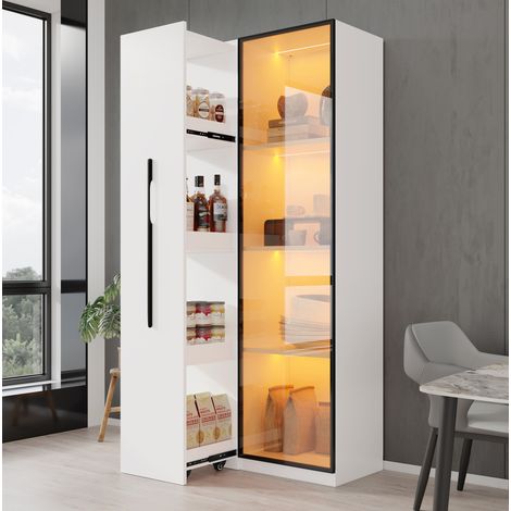 Vitrine bibliothèque avec étagère coulissante, LED et roulettes, 70x40x160 cm, blanche (1/5)