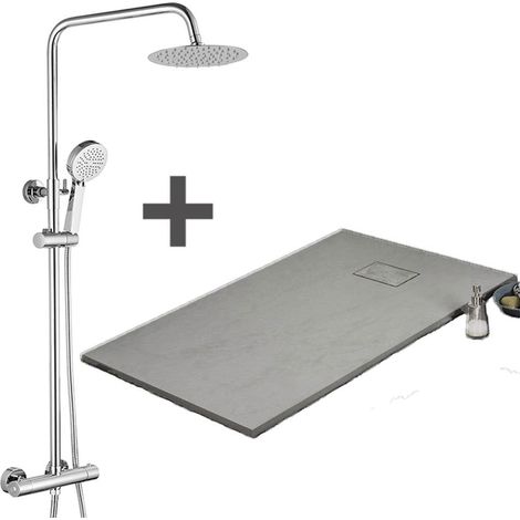 Pack Receveur de douche 90 x 140 cm extra plat gris + Colonne de douche thermostatique