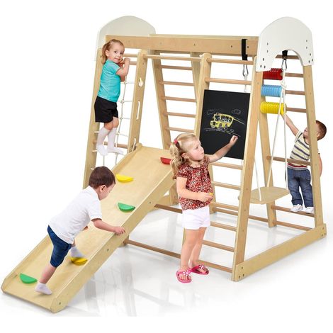 COSTWAY Parque infantil Set Escaldada de Madera 8 en 1 para Niños 3+ Años, Centro Actividad con Tobogán, Rocas de Escalar y Escalera, Red de Escalada, Barra Horizontal