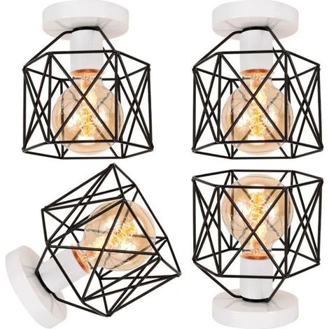 4x Rétro Plafonnier Industriel,14cm Lampe de Plafond Vintage Abat-jour en Fer Design Carré E27 Lustre Cage pour Salon Chambre (1/5)