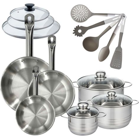 Lot 3 Poêles en inox 20/24/28 cm + couvercles Fackelmann Eterna avec 3 Faitouts 16/20/24 cm et 5 Ustensiles