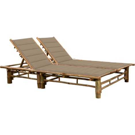 Transat chaise longue bain de soleil lit de jardin terrasse meuble d'extérieur pour 2 personnes avec coussins bambou (1/5)