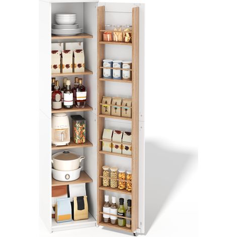 Armoire de cuisine haute en MDF, meuble de rangement avec portes et étagères réglables, colonne de rangement 40x40x183 cm, blanc et naturel. (1/5)