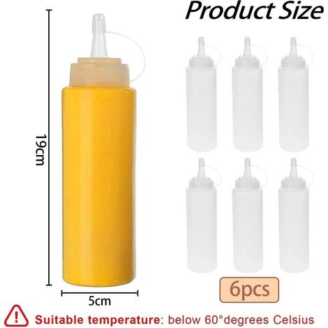 Jusch – Lot de 6 bouteilles à sauce pressables – Plastique alimentaire sans BPA – Translucides pour identification rapide – Pour ketchup, mayonnaise, sauces (1/4)