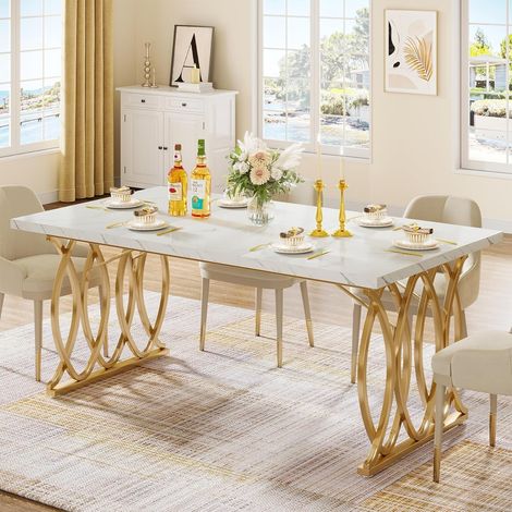 Tribesigns – Table à manger moderne 6 personnes – Plateau en faux marbre blanc – Cadre en acier doré – Dimensions 160x80x75 cm – Salle à manger et cuisine (1/5)