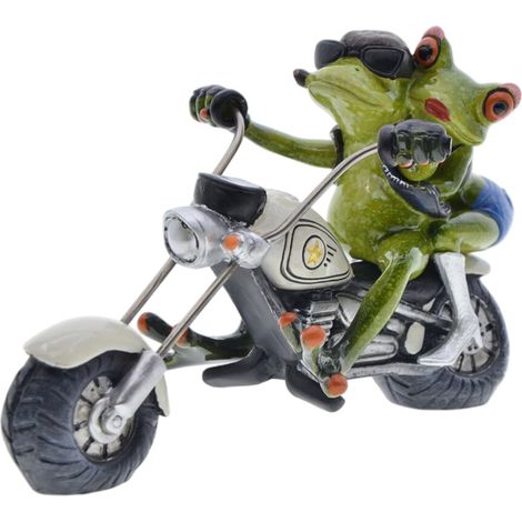 Figura artística de una pareja de ranas en motocicleta, hecha a mano.