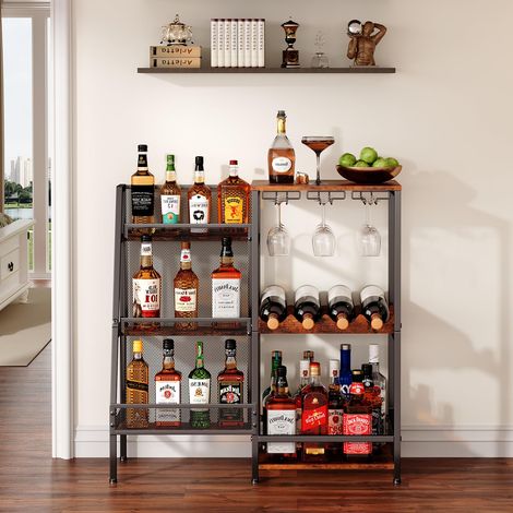 Support Polyvalent pour Bar à Domicile, casier à vin Autonome, Mini Table de Bar pour Liqueur, Whisky, vin, étagère trapézoïdale à 3 Niveaux avec Support en Verre et clôtures (1/5)