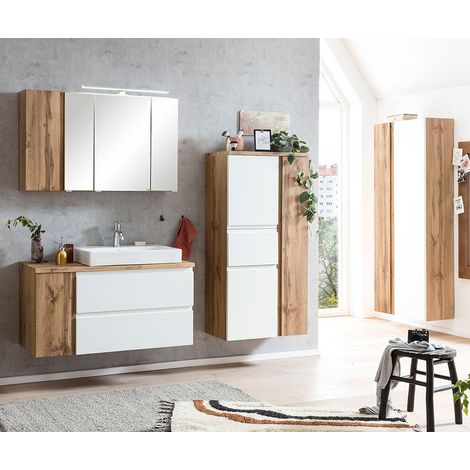 Badezimmer Möbel Set mit Keramik-Aufsatzbecken rechts und LED Beleuchtung, Wotan Eiche Nb. mit weiß matt, VASTO-03-WHITE (1/5)