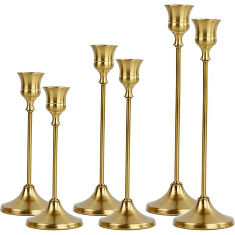 Lot de 6 bougeoirs en métal – Trois hauteurs – Pour bougies fines – Décoration de table – Mariage, Noël et maison – Or (1/5)