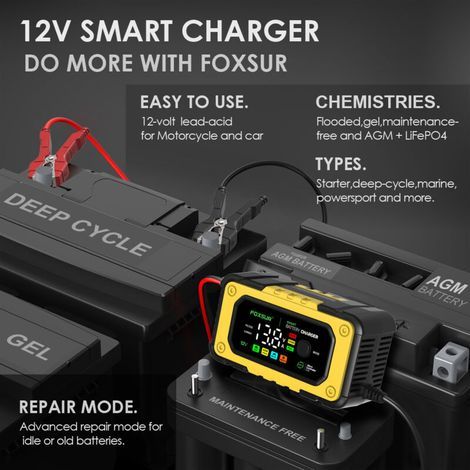 Mainteneur de Chargeur de Batterie Intelligent 12V/24V Protections Multiples de Réparation pour Voiture, Camion/AGM/Gel/Wet/SLA,jaune (1/4)