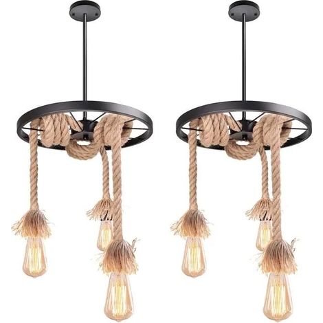 U-Do 2x Vintage Lustre Suspension en Corde de Chanvre 3 Têtes Lustre Lampe en Fer Noir Lampe Brillant pour Cuisine Salon (1/4)