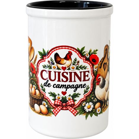 Pot à ustensiles en céramique poules style campagne 13 cm