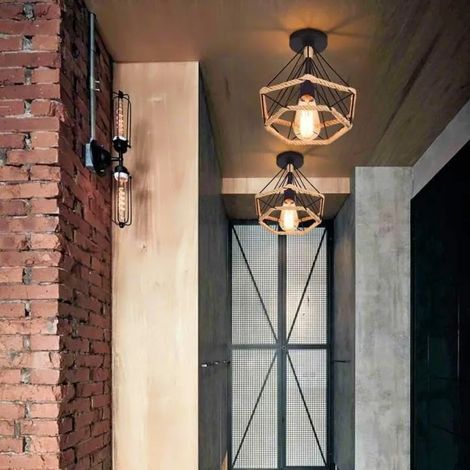 1PCS Plafonnier Industriel Vintage - Cage Corde de Chanvre - Métal Noir et Marron (1/4)