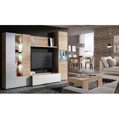 Parete Attrezzata Mobile Soggiorno TV Per Salotto Base Televisione Con Scaffali Illuminati Con LED Per Sala Da Pranzo Design Legno Moderno 260 x 185  x 42 cm Colore Bianco Lucido - Rovere