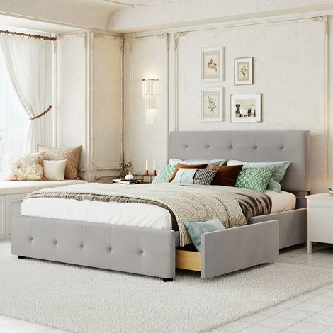 Tanant – Lit 140x200 cm 2 places – 2 tiroirs de rangement – Sommier à lattes en velours gris – Design scandinave élégant (1/5)