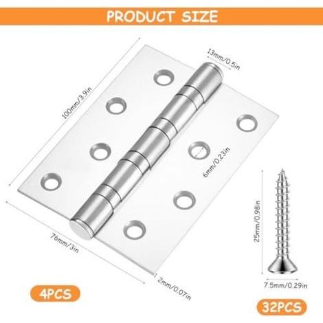Lot de 4 charnières pliantes, charnières en acier inoxydable, charnières de porte à roulement à billes pour portes en bois, portails de jardin, extérieur et intérieur (100 x 73 x 2 mm (1/4)