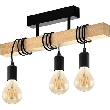 Ceiling Light 3, Vintage 3-Flame Industrial Design, Retro Suspension in Steel and Wood, Black Color-Ywey (1/5)