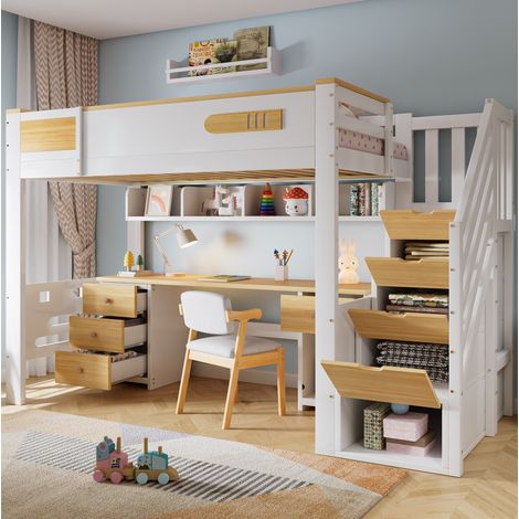 Cama alta infantil 90x200 cm con escritorio, cajones, estante suspendido y escalera de almacenamiento, madera blanca natural (1/5)