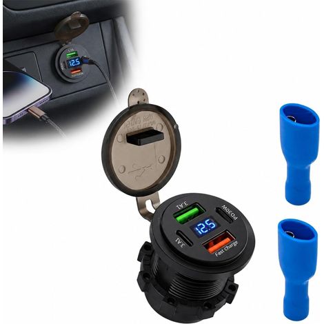 Prise USB C 12V pour Voiture, Chargeur Rapide 58W avec 3 Ports (USB-C PD 20W + USB QC 3.0), Allume-Cigare avec Interrupteur et Voltmètre LED, Étanche pour Bateau, Moto, Camping-Car, Voiturette de Golf (1/5)