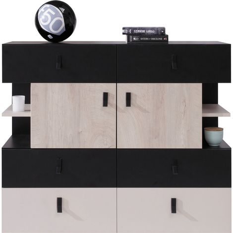 Kommode 110cm in schwarz mit Eiche und beige, PITTSBURGH-133 (1/3)