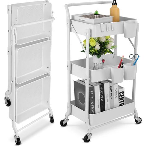 Chariot Utilitaire à roulettes Pliable en métal à 3 Niveaux, Chariot de Rangement Pliable Mobile Multifonction pour la Maison, la bibliothèque, Le Bureau (Pliable, Blanc) (1/5)