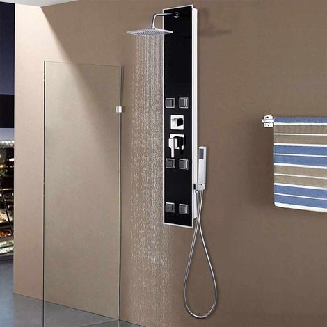 Panneau de douche en verre trempé et acier inoxydable – 120 cm, noir – Système avec effet pluie, jets de massage et douchette à main (1/5)