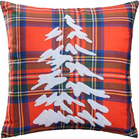 Funda de almohada navideña de 45x45 cm, de ante bordado con estampado a cuadros y árbol de Navidad blanco. (1/2)