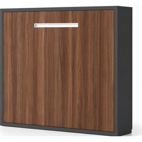 Lit escamotable horizontal MOLANE – Armoire lit avec sommier à lattes intégré Matelas mousse 18 cm Gris anthracite-Avec matelas-140x190-Cadre Anthracite-Façade Noyer (1/5)